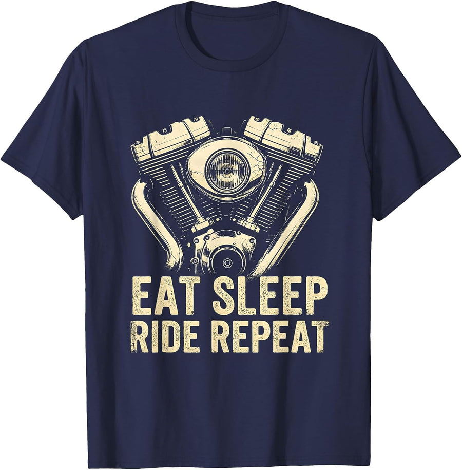 Eat Sleep Ride Repeat Biker Graphic Design T-Shirt - Navy Blue