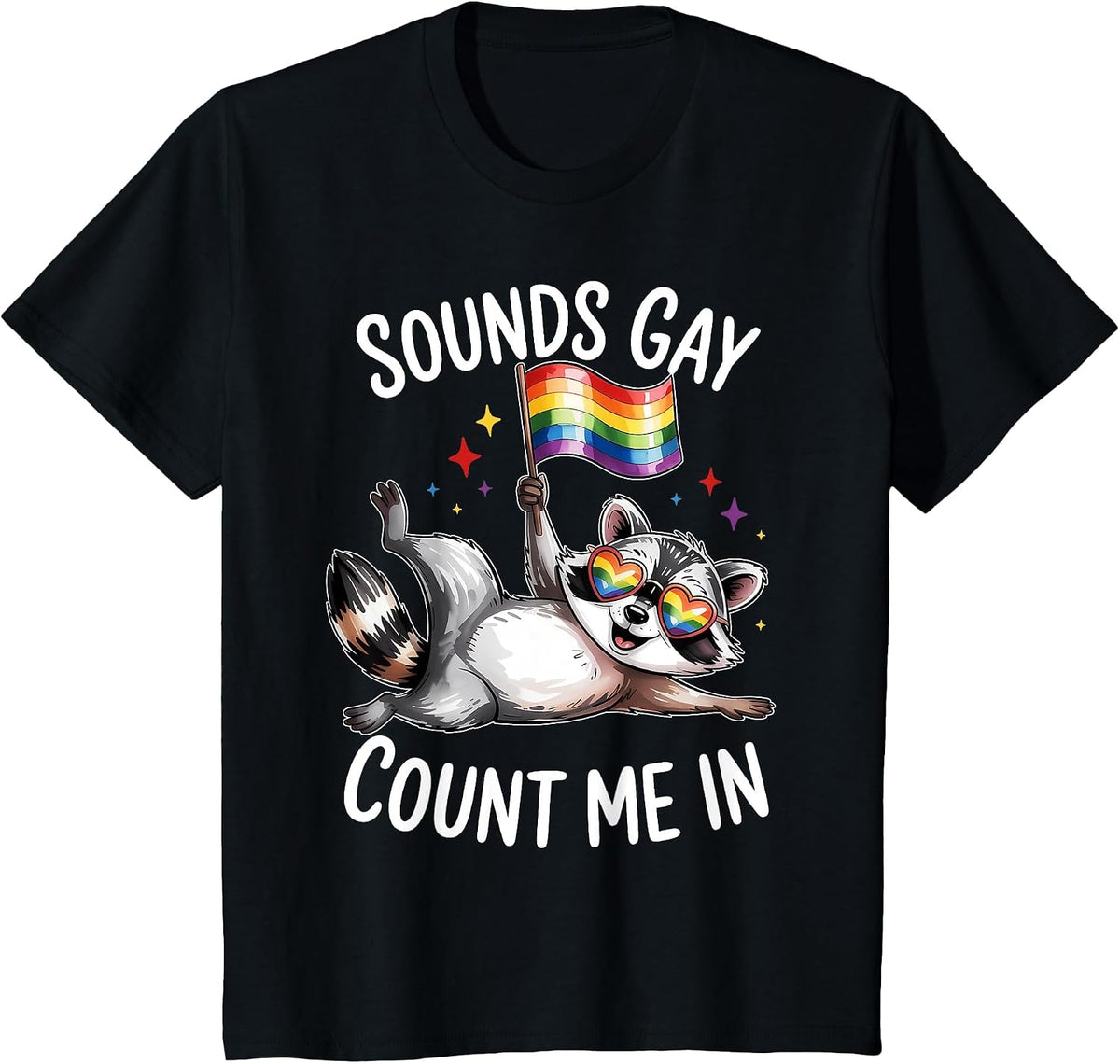 Funny LGBT Ally Raccoon Holding a Rainbow Flag LGBT Support T-Shirt - Black