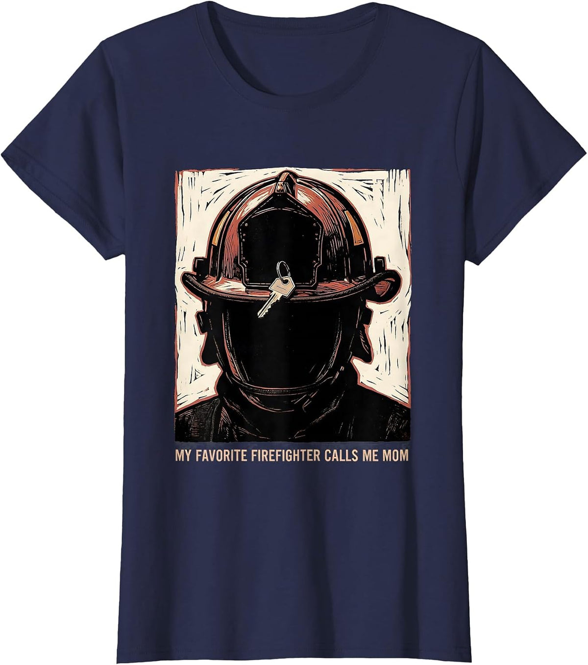Women's My Favorite Firefighter Calls Me Mom Linocut Thin Red Line T-Shirt - Navy Blue