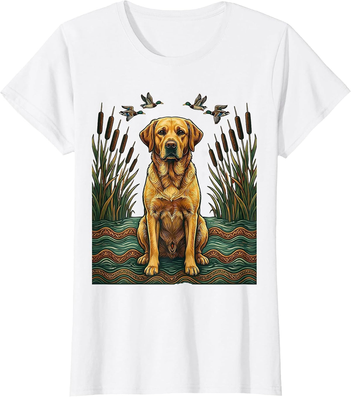 Duck Camo Hunting Dog Alert in Flooded Field T-Shirt - White