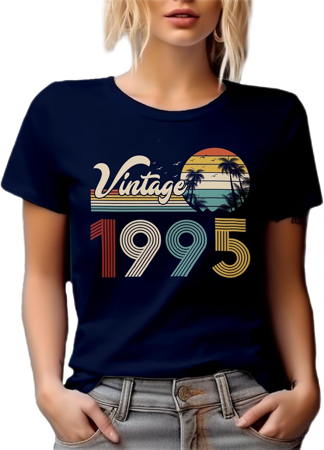 Vintage 1995 feat. Retro Sunset & Palm Trees Graphic Tshirt - Navy Blue