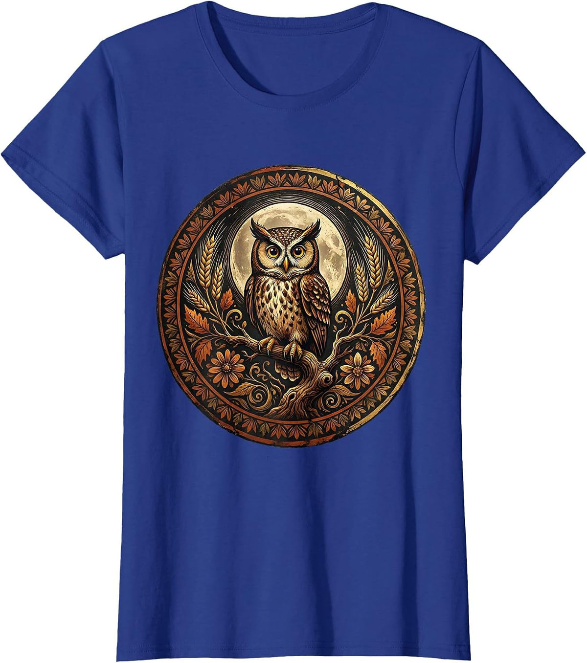 Women's Owl Harvest Moon Thanksgiving Graphic T-Shirt - Royal Blue