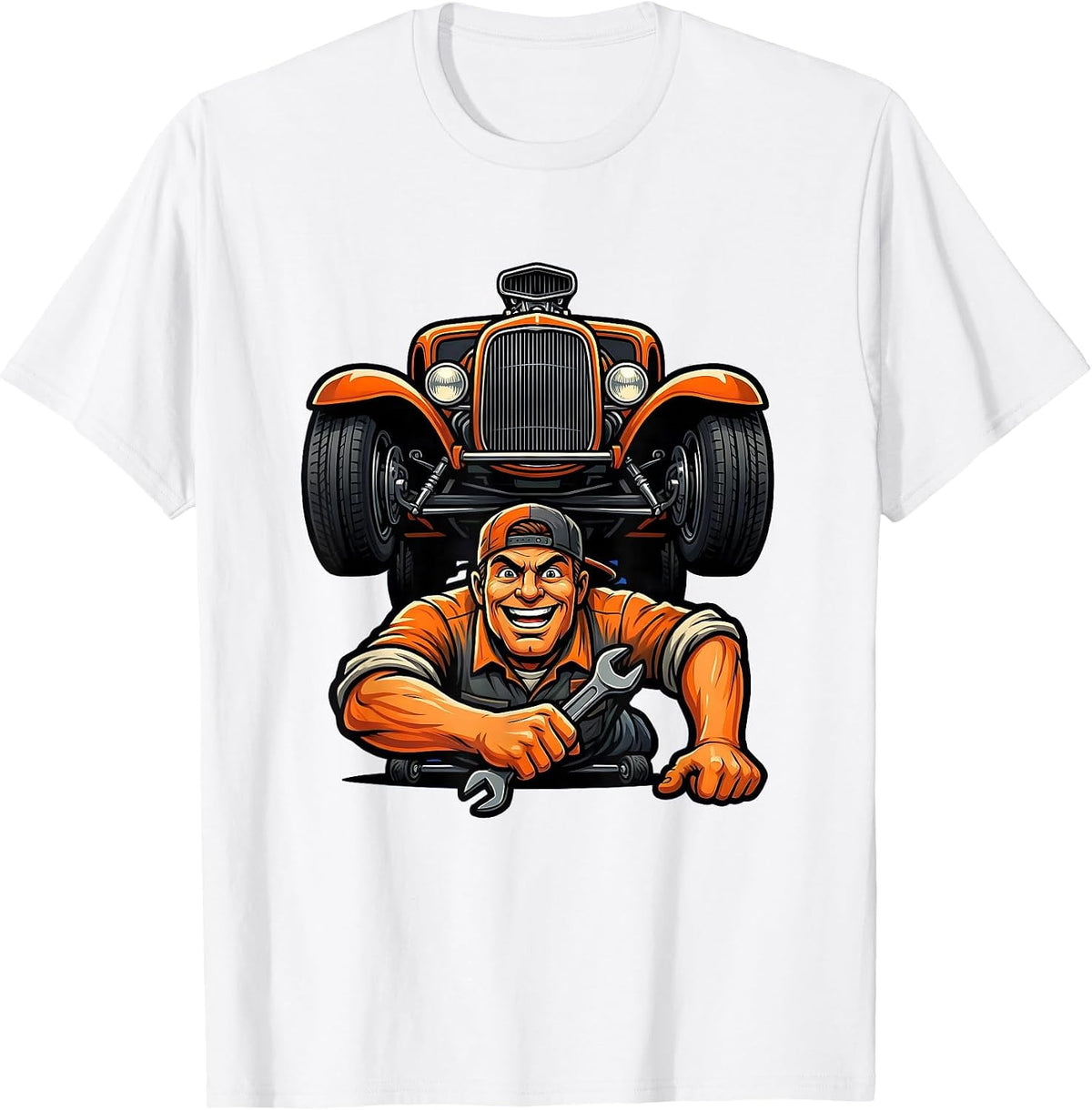 Men's Classic Hot Rod Mechanic Illustration T-Shirt - White