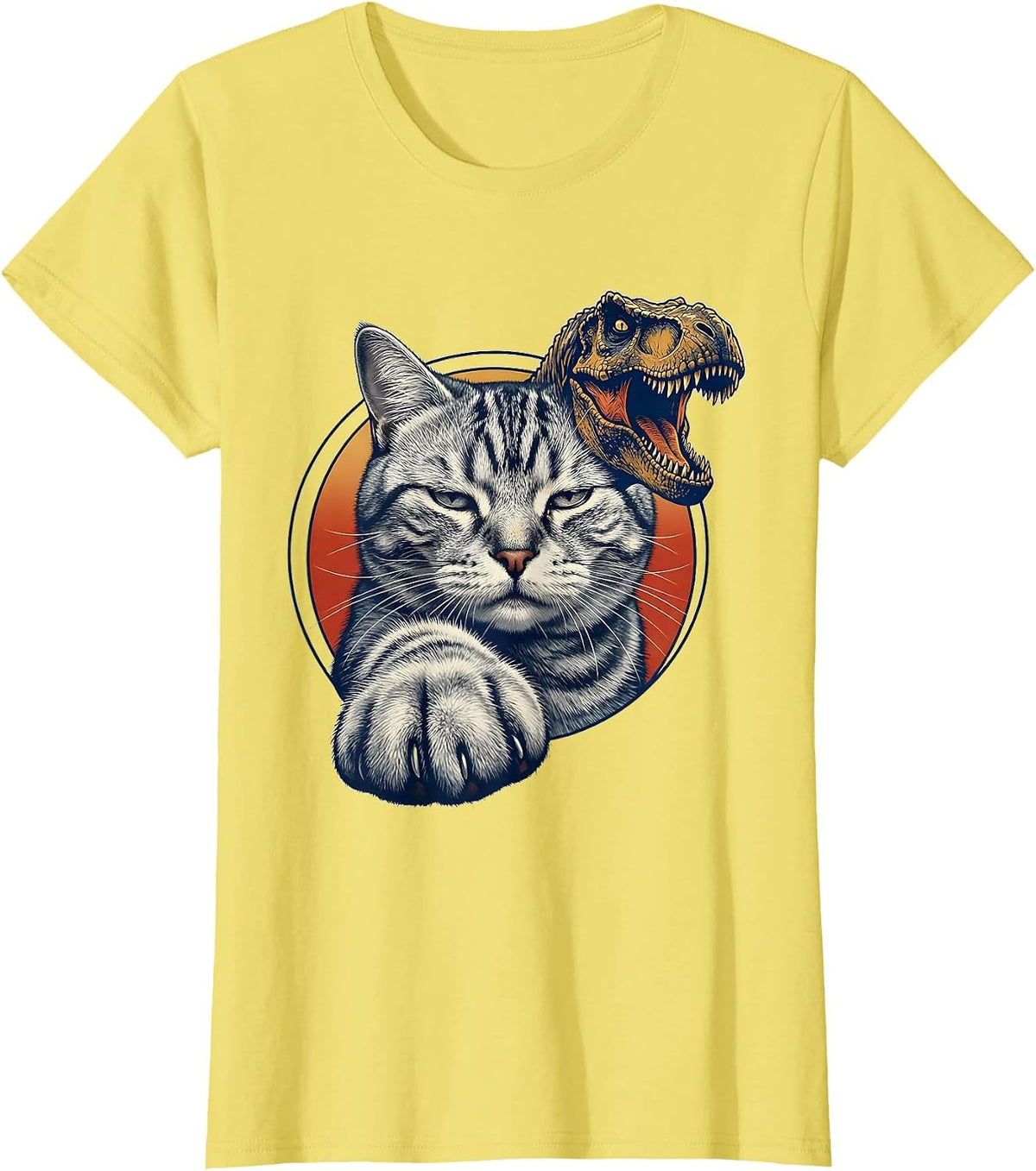 Women's Cropped Silver Tabby Cat Face Funny T-Rex Dinosaur Meme T-Shirt - Lemon Yellow