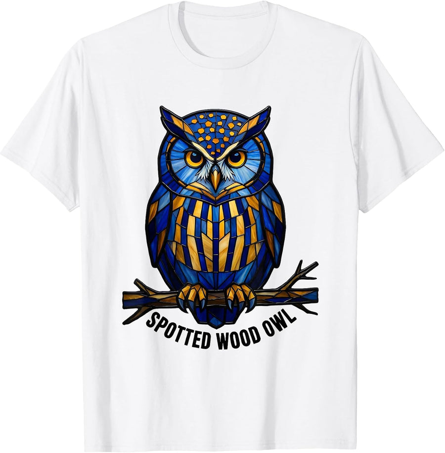 Men's Spotted Wood Owl Stained Glass Mosaic Owl Lover Bird T-Shirt - White