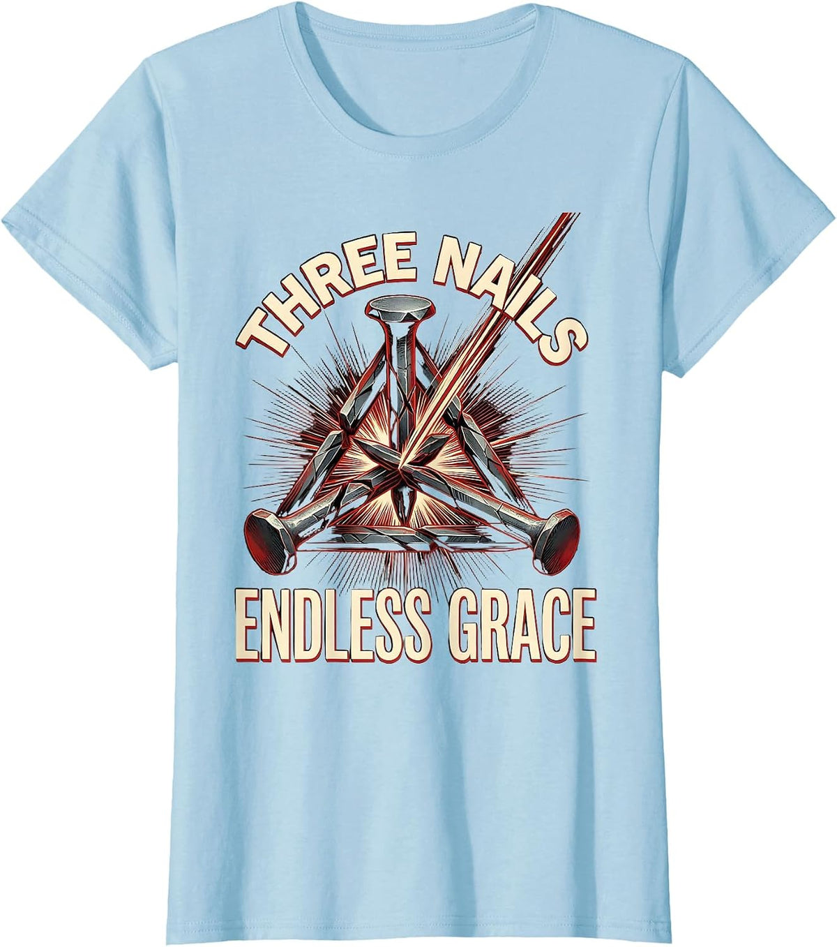 Three Nails Endless Grace Christian Cross Design T-Shirt - Baby Blue
