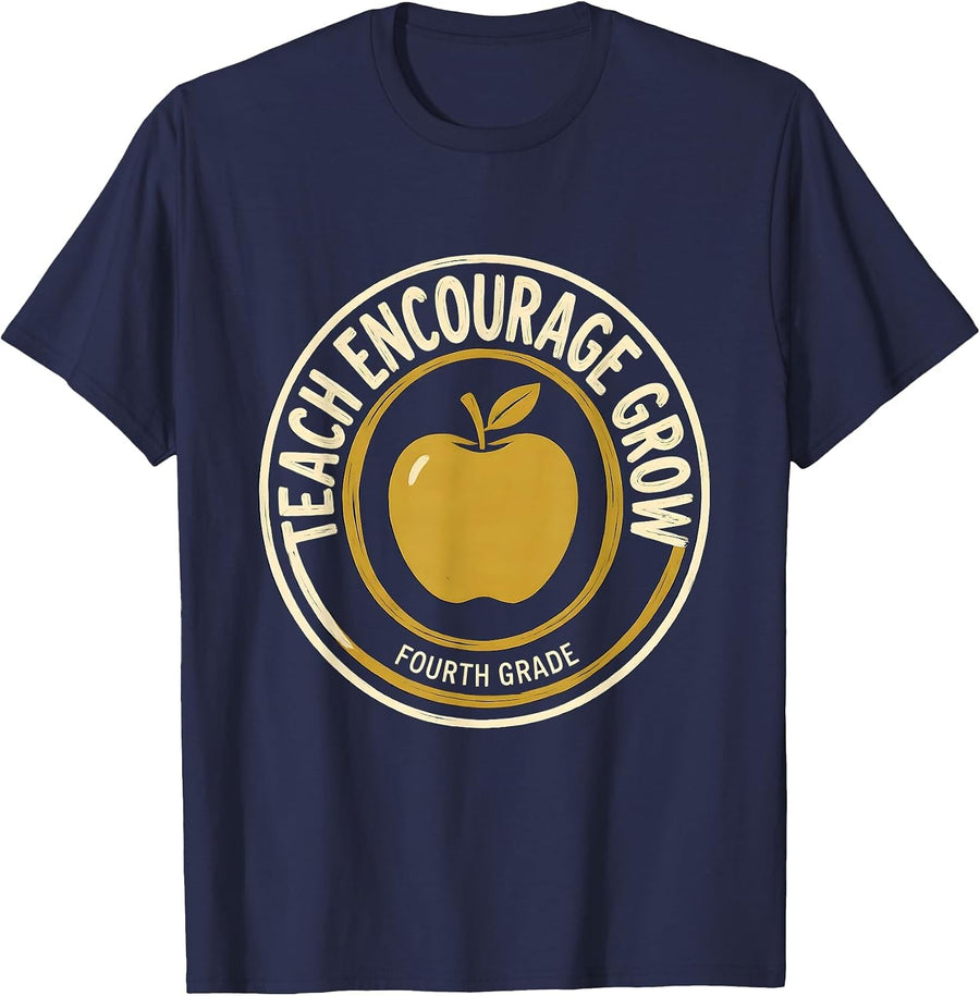 Teach Encourage Grow Fourth Grade Teacher Back To School T-Shirt - Navy Blue