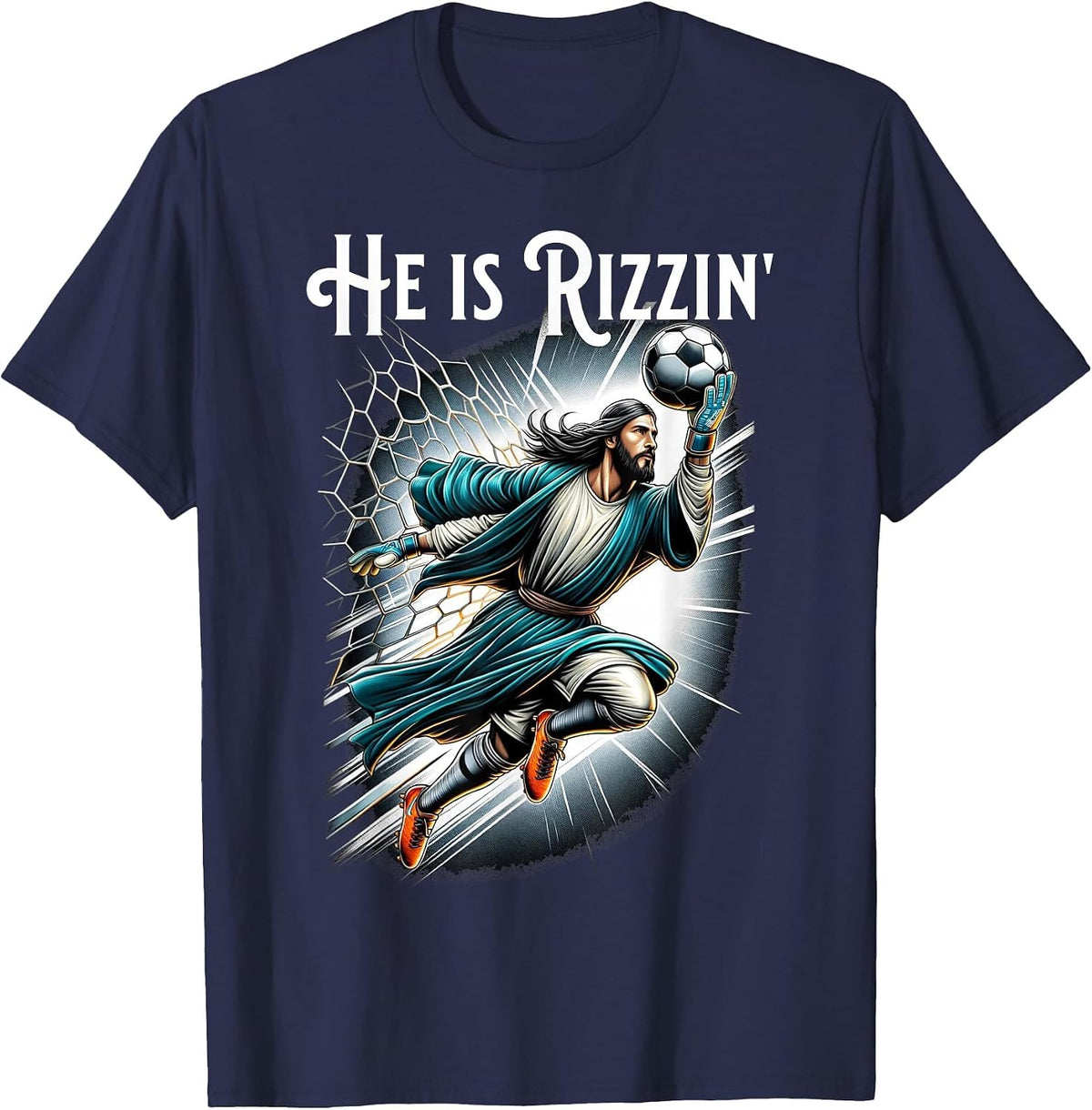 Rizzen Funny Sports Rizz He is Rizzin Jesus Playing Soccer T-Shirt - Navy Blue