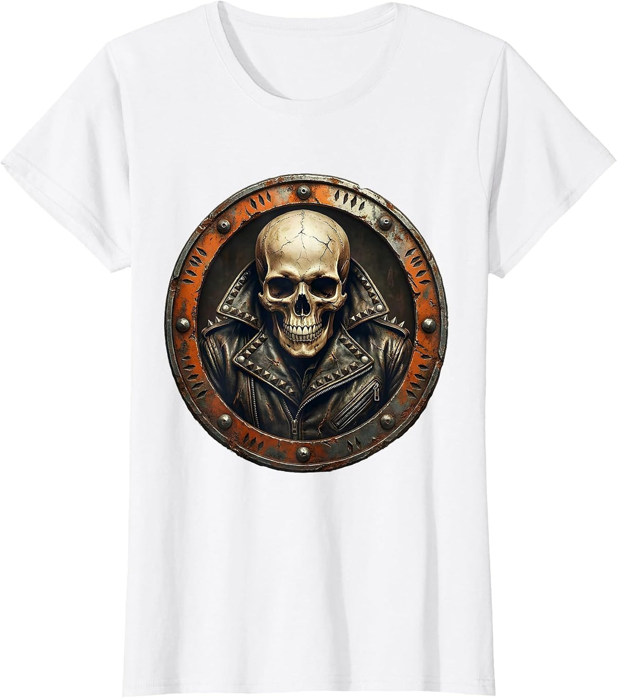 Skull in Studded Leather Jacket 80s Rock Art T-Shirt - White