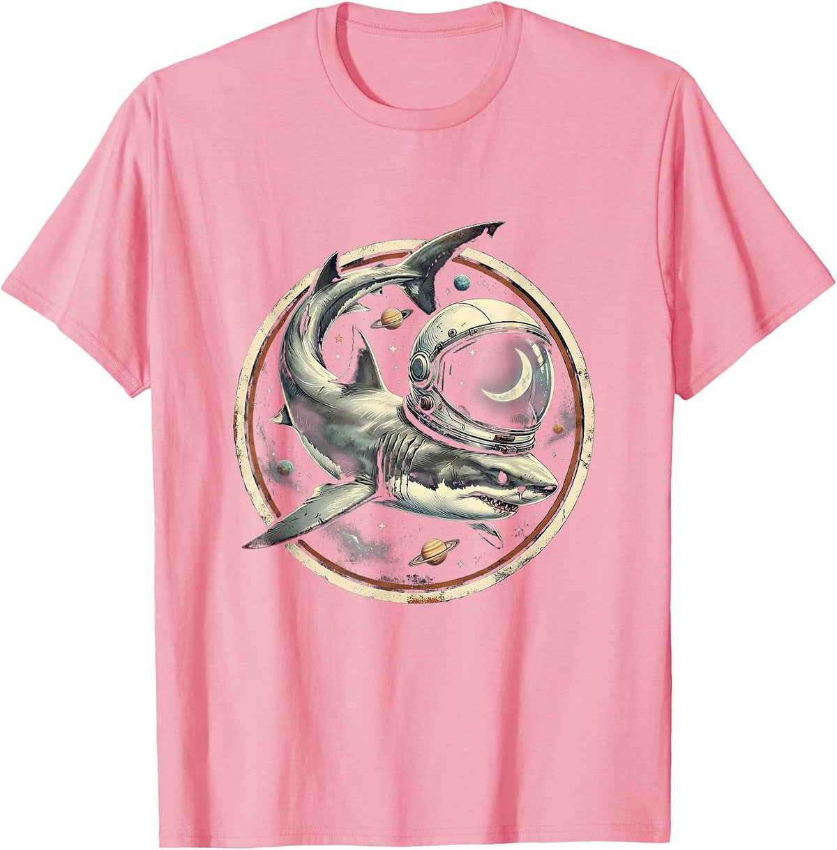Men's Shark Astronaut Floating Through Outer Space T-Shirt - Pink