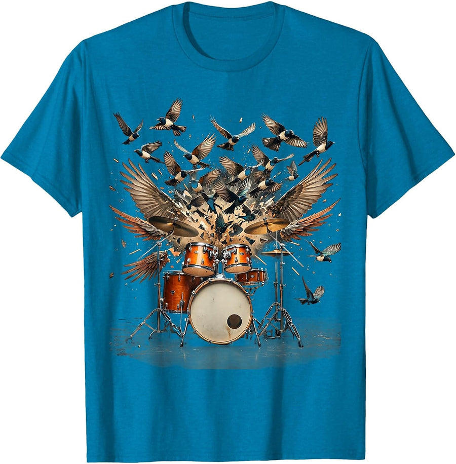 Drum Kit Exploding Into Birds Graphic T-Shirt - Sapphire Blue