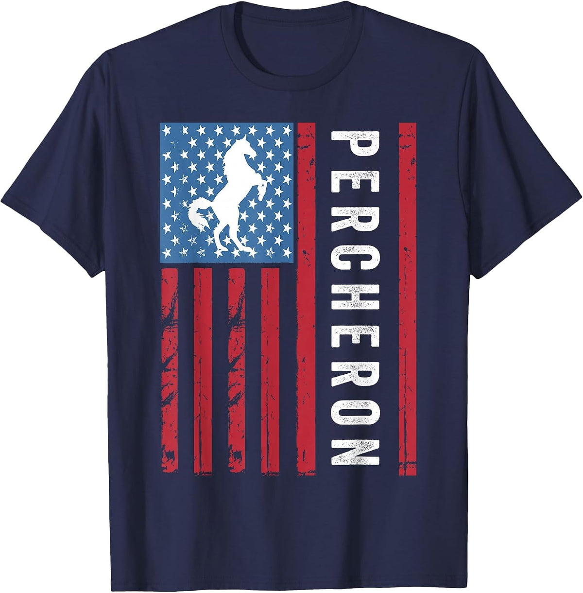 Percheron Horse with American Flag, Percheron Horse T-Shirt - Navy Blue