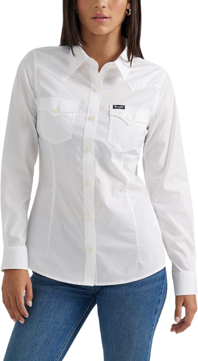 Wrangler Women's Retro Long Sleeve Cool Blue Solid Western Shirt - White