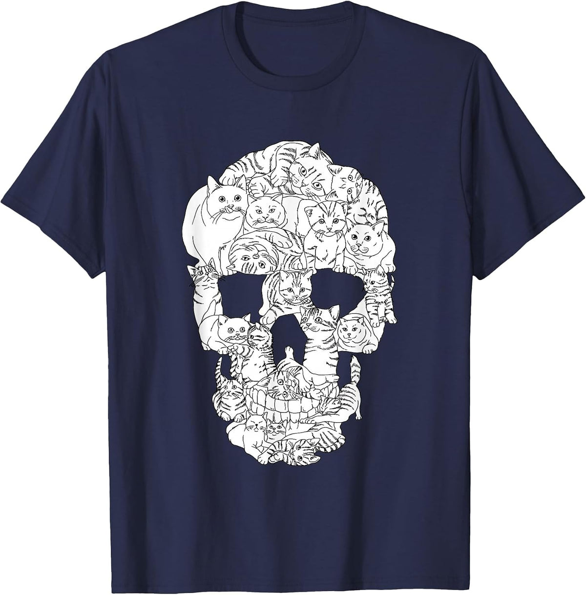 Cat Skull Kitty Skeleton Halloween Emo Goth Punk Girl Teens T-Shirt - Navy Blue