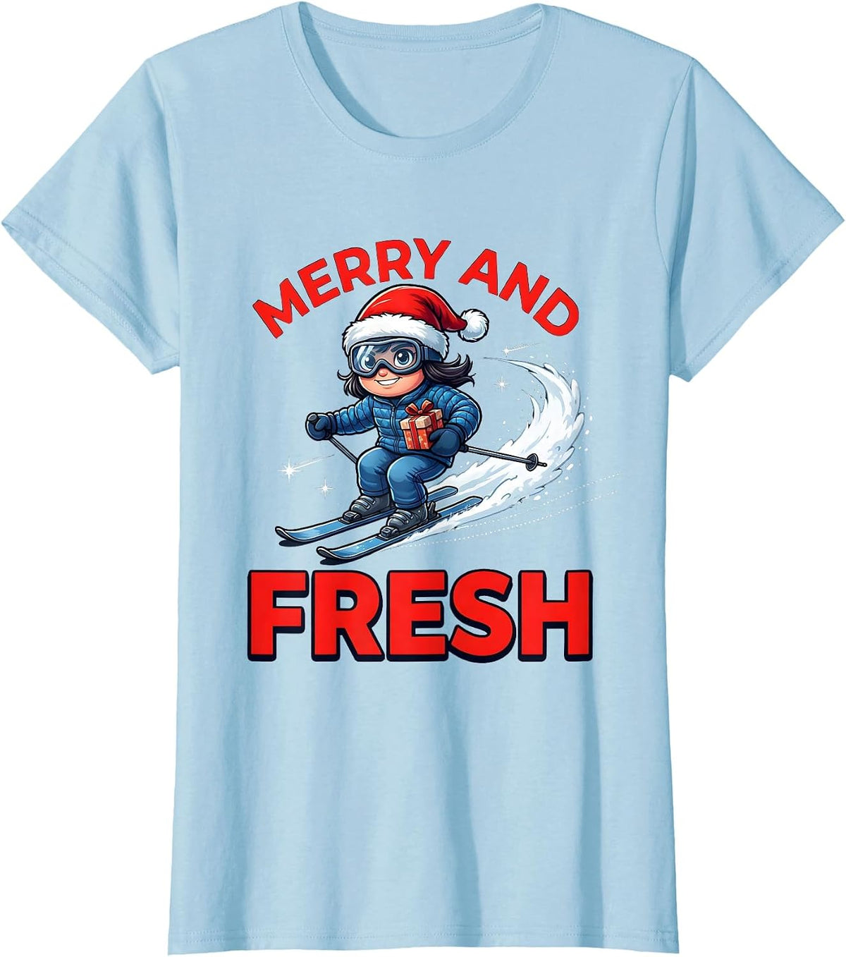 MERRY AND FRESH Funny Skier Christmas Skiing T-Shirt - Baby Blue