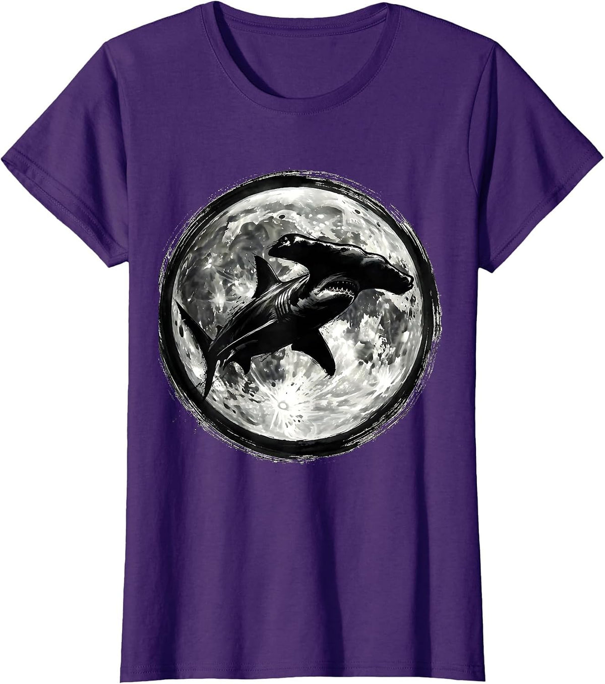 Women's Hammerhead Shark Silhouette Full Moon Graphic T-Shirt - Purple