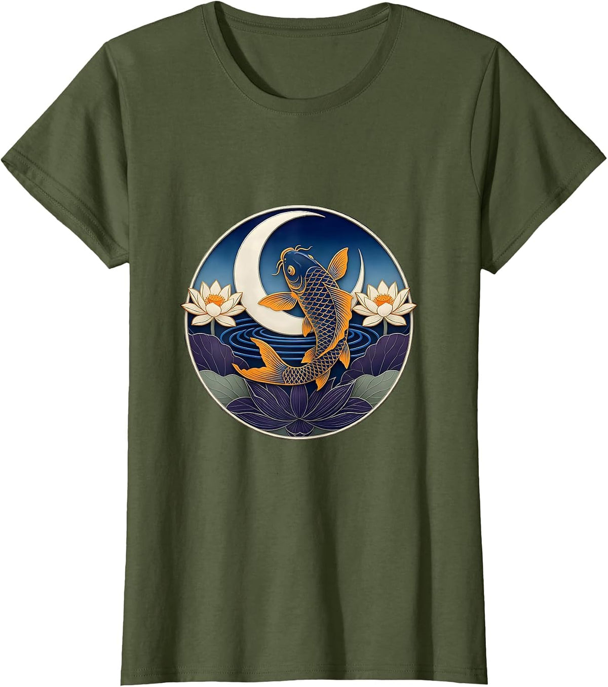 Women's Sealed Crescent Koi Ukiyo-e Boho Mystical Nature T-Shirt - Olive Green
