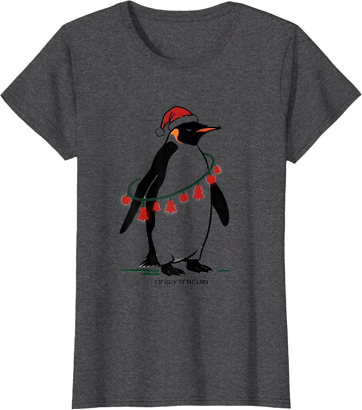 Women's Merry Penguin Funny Penguin Christmas Graphics Animal Lights T-Shirt - Dark Heather Grey