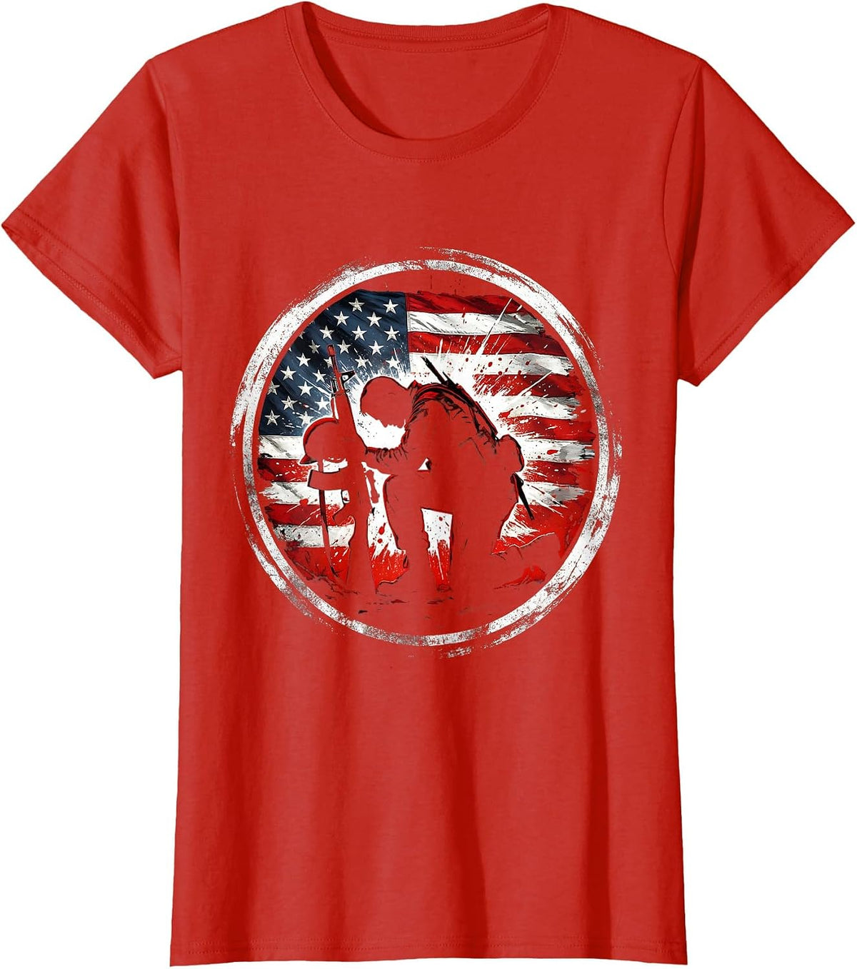 Soldier Kneeling Battlefield Cross Memorial Graphic T-Shirt - Red