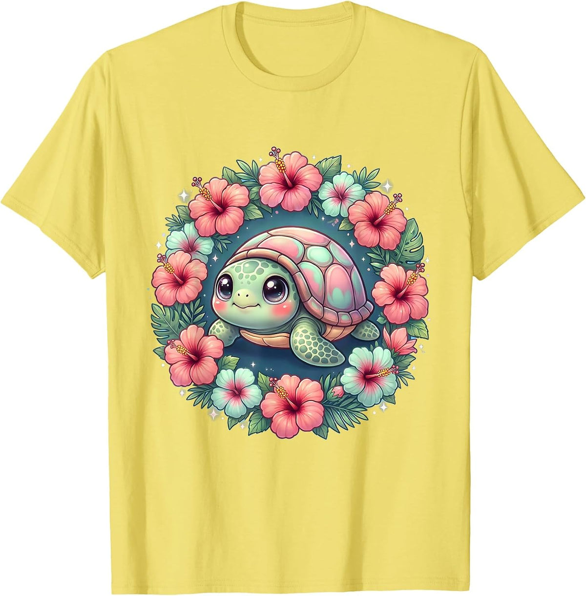 Men's Hibiscus Sea Turtle Hawaiian Floral Design T-Shirt - Lemon Yellow