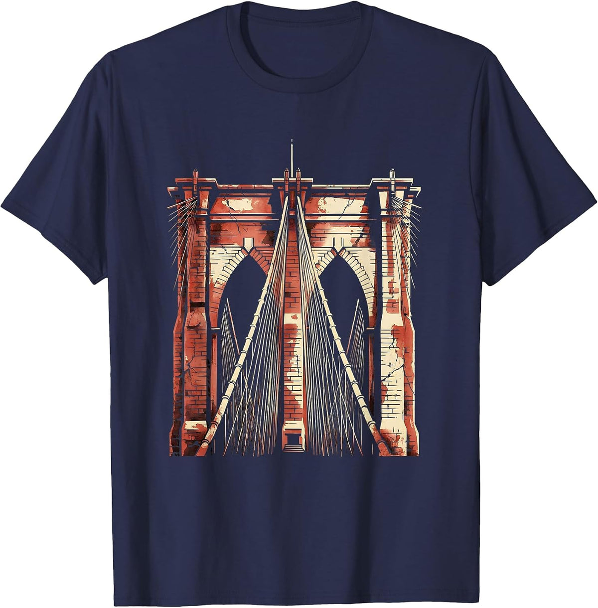 Men's Brooklyn Bridge Cables Morning Light Illustration T-Shirt - Navy Blue