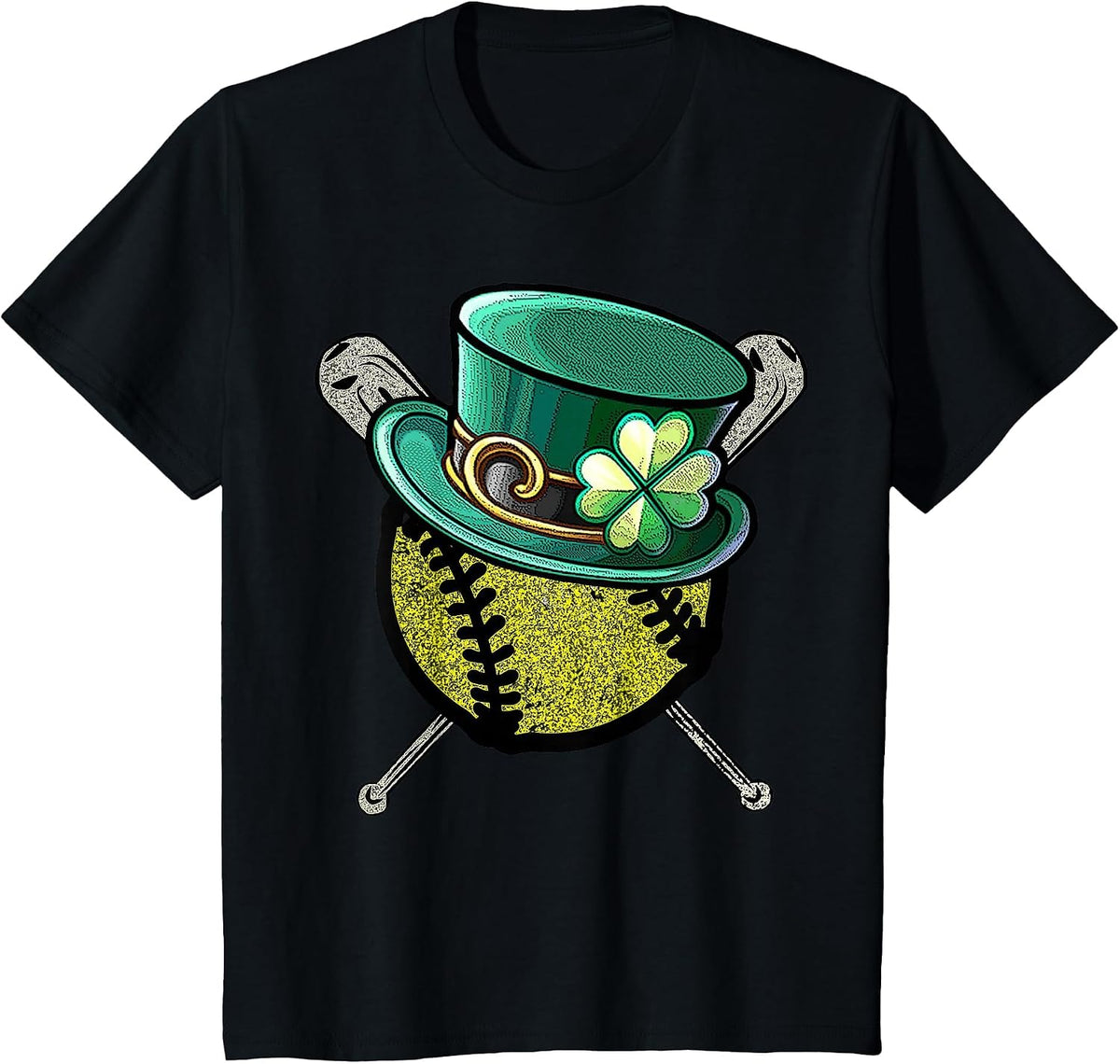 Softball Baseball Leprechaun Hat Shamrock St.Patrick's Day T-Shirt - Black