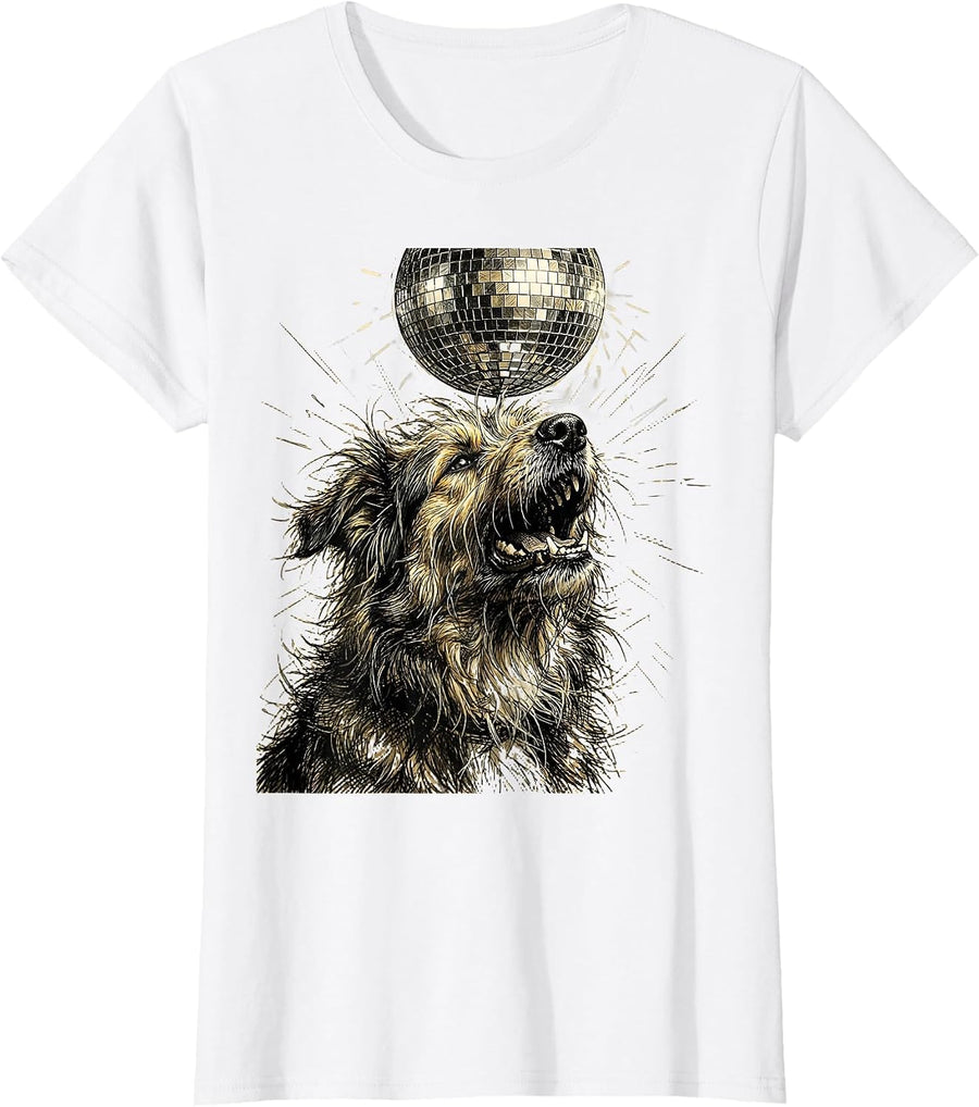Women's Crazy Dog Howling at Disco Ball Graphic T-Shirt - White