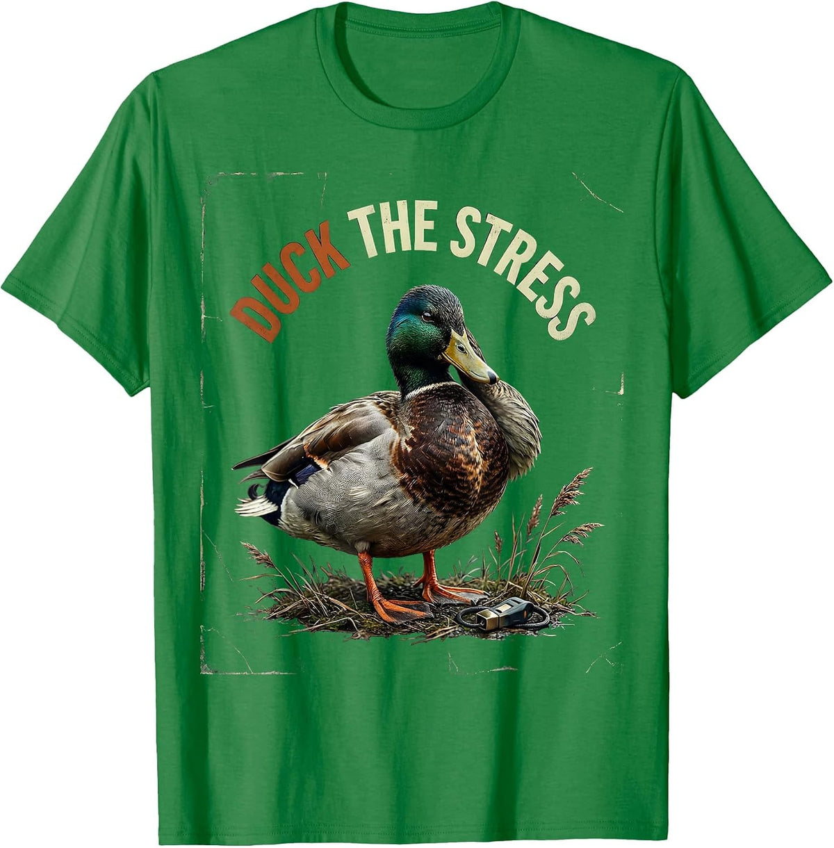 Men's Duck The Stress Distressed Duck Hunter Humor Gift T-Shirt - Kelly Green