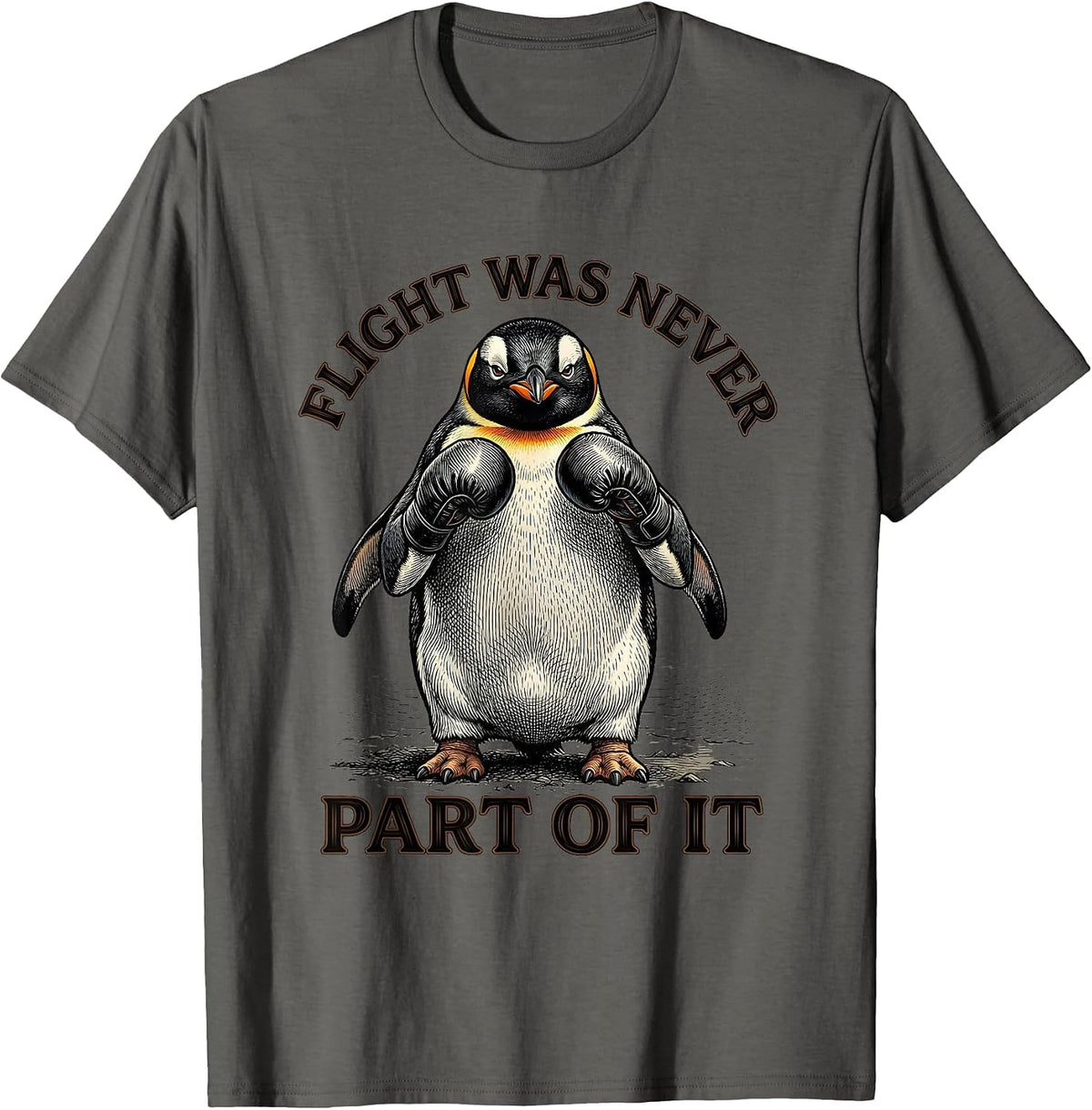 Men's Flight Was Never Part Of It Funny Penguin Martial Arts Humor T-Shirt - Asphalt Grey