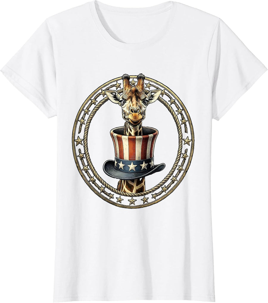 Women's Funny Giraffe Stuck Through Roof Illustration T-Shirt - White