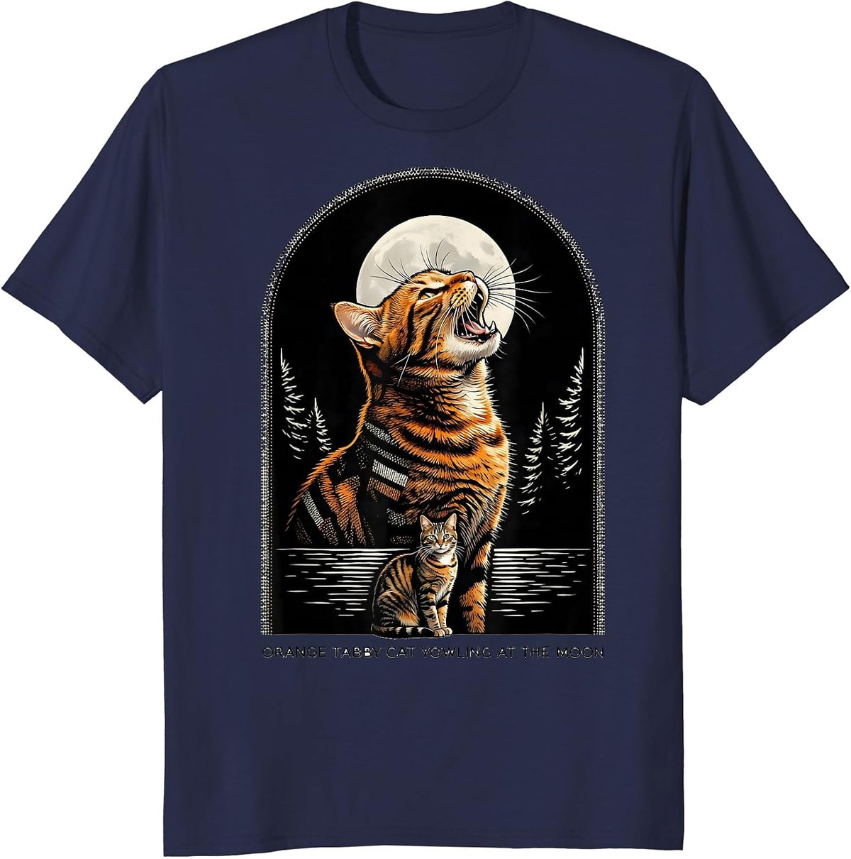 Orange Tabby Cat Yowling at the Moon 90's Retro Nature Art T-Shirt - Navy Blue