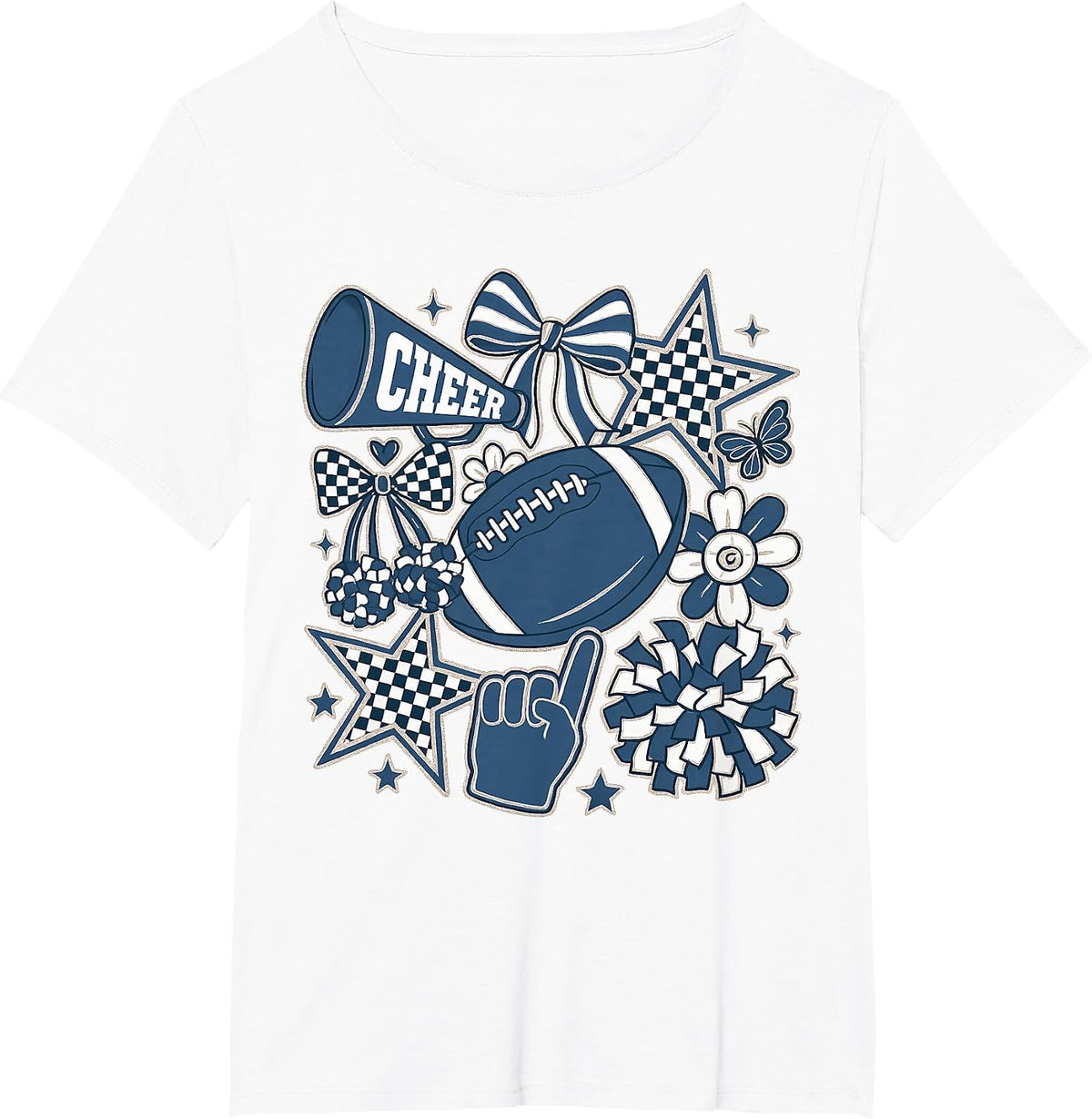 Coquette Bow Football Blue Game Cheer Mom Touchdown T-Shirt - White