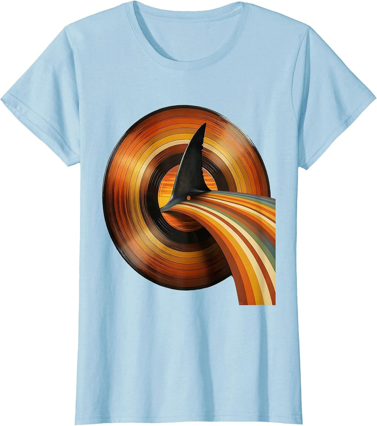 Women's Retro Shark Fin Vinyl Record Graphic Tee T-Shirt - Baby Blue
