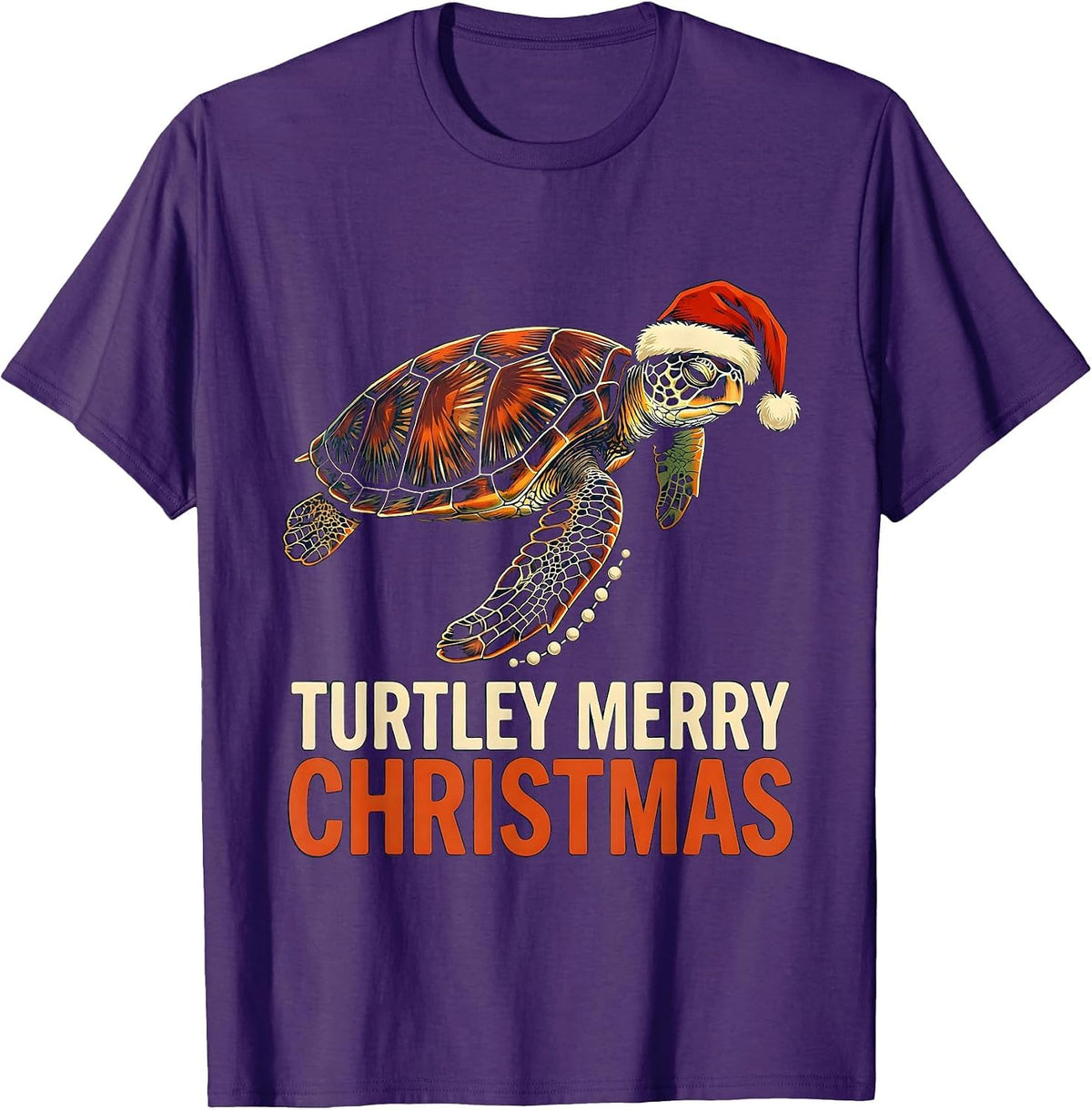 Turtley Merry Christmas Linocut Sea Turtle Lover Holiday T-Shirt - Purple