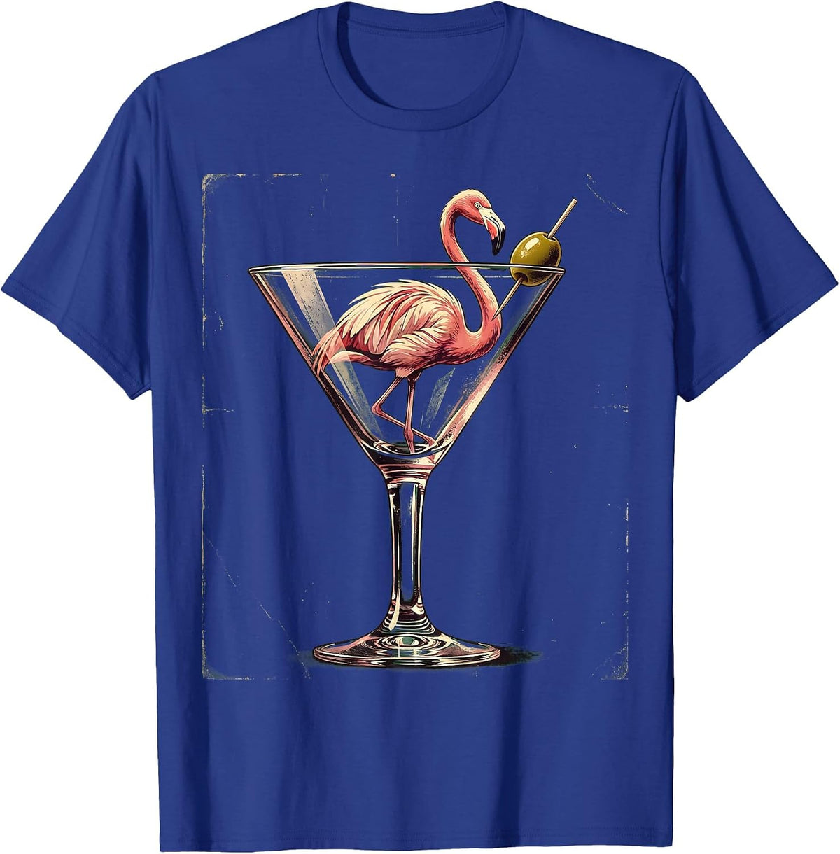 Flamingo in a Martini Glass Graphic Tee T-Shirt - Royal Blue