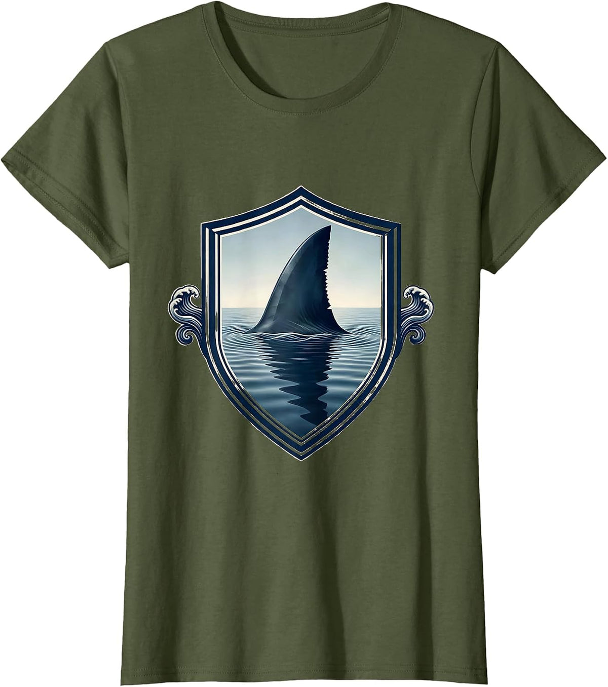 Women's Shark Fin Cutting Through Calm Water T-Shirt - Olive Green