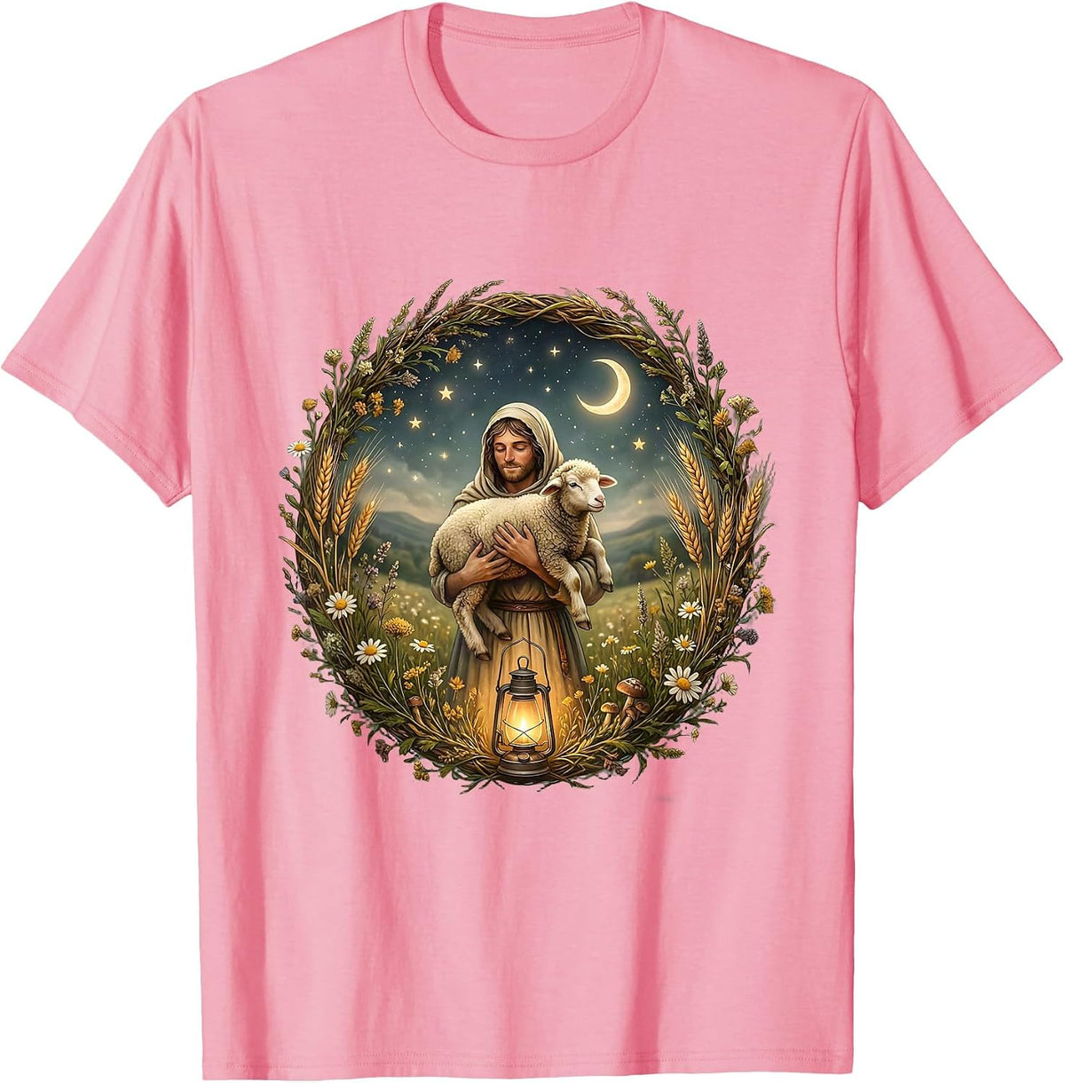 Men's Jesus Loves You Shepherd Carrying Lost Sheep T-Shirt - Pink