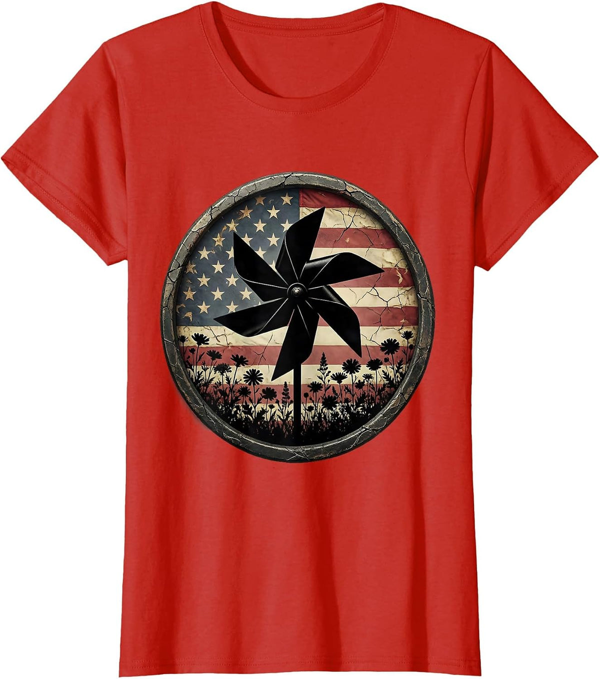 Red White and Blue Pinwheel Wildflower Field T-Shirt - Red