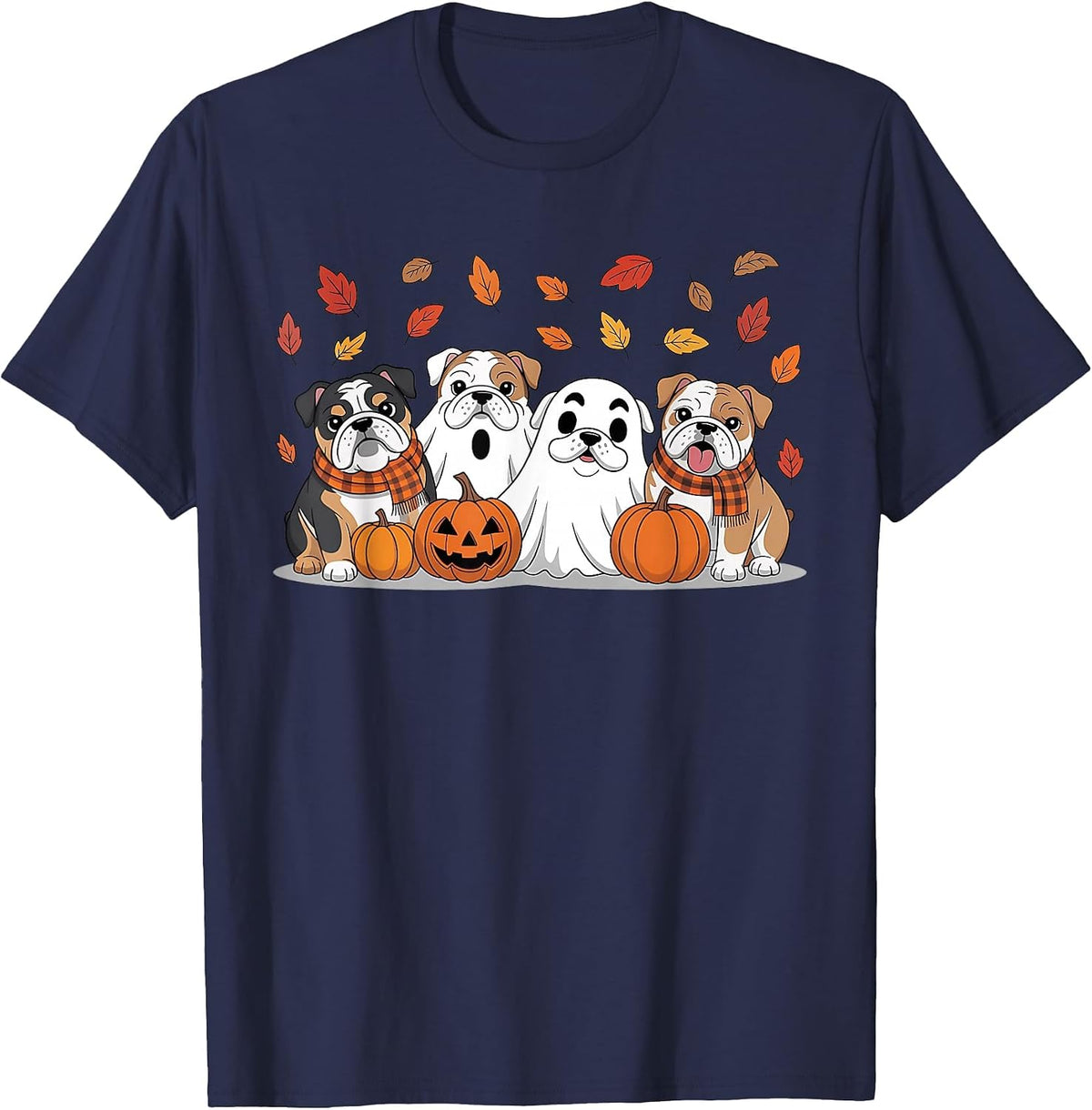 English Bulldog Ghost Fall Autumn Thanksgiving Halloween T-Shirt - Navy Blue