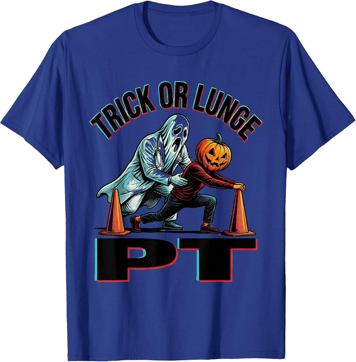 Men's Trick Or Lunge PT Pop Art Physical Therapy Halloween Humor T-Shirt - Royal Blue