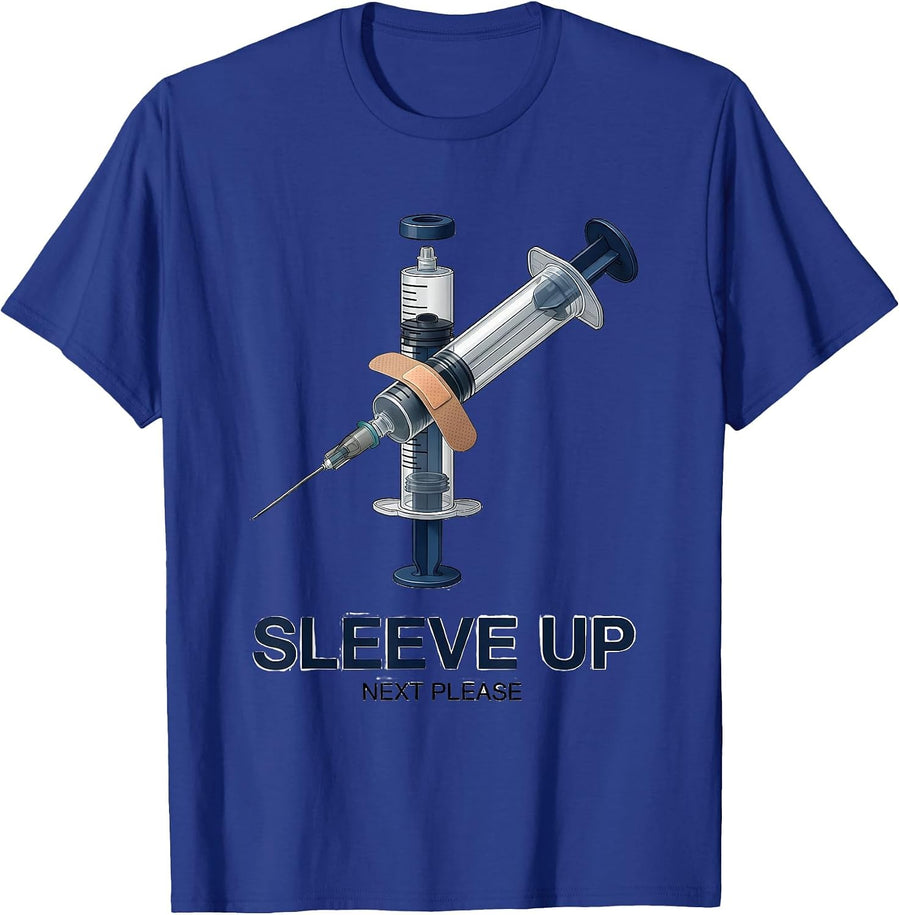 Sleeve Up Next Please Funny Nurse Doctor Vaccinated Crew T-Shirt - Royal Blue