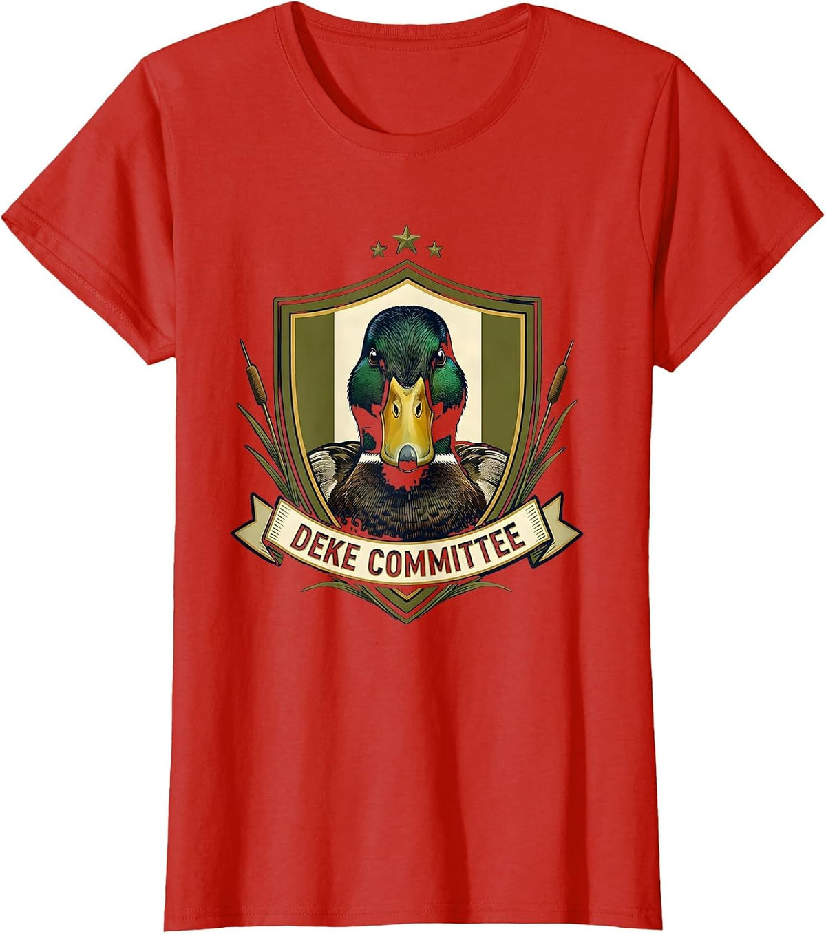 Deke Committee Mallard Duck Hunting Camo Wildlife Emblem T-Shirt - Red