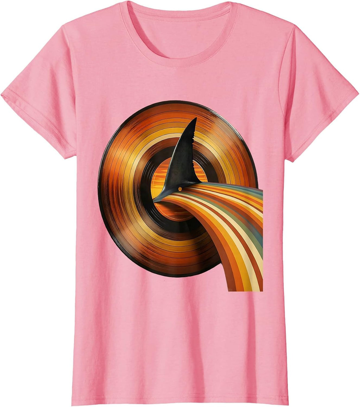 Women's Retro Shark Fin Vinyl Record Graphic Tee T-Shirt - Pink