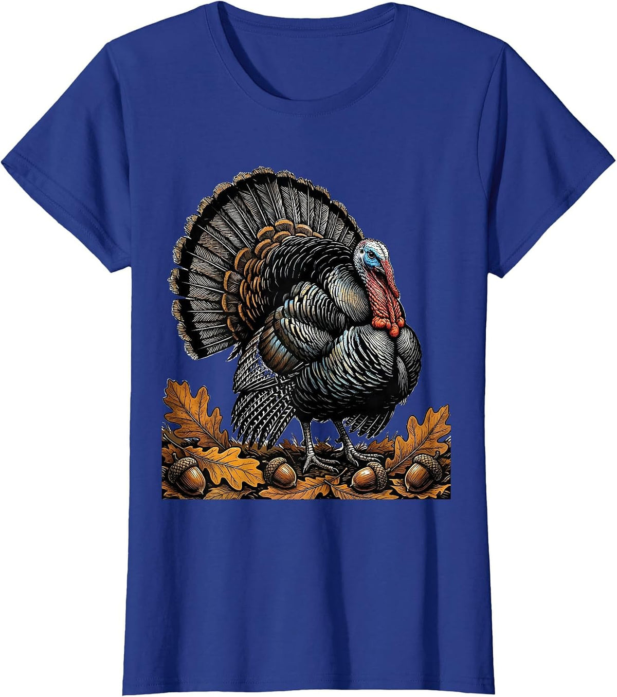 Women's Wild Turkey Strutting Autumn Leaves Hunting Design T-Shirt - Royal Blue