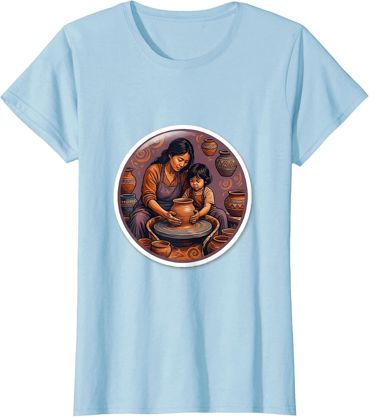 Aunt and Child Pottery Painting Art Design T-Shirt - Baby Blue