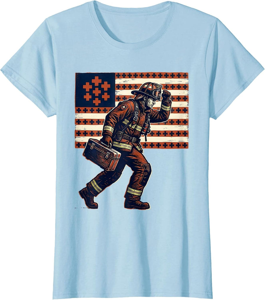 Women's Paramedic American Flag Patriotic Occupation Pride T-Shirt - Baby Blue