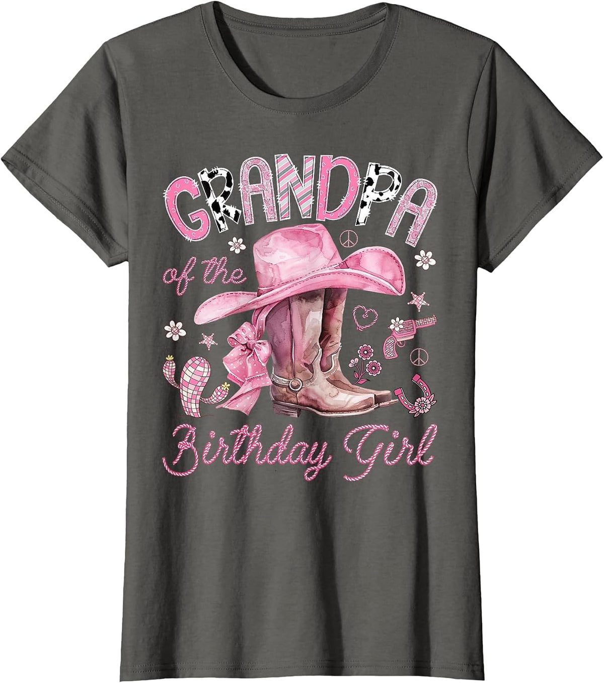 Grandpa of the Birthday Girl Pink Cowgirl Western Rodeo T-Shirt - Asphalt Grey