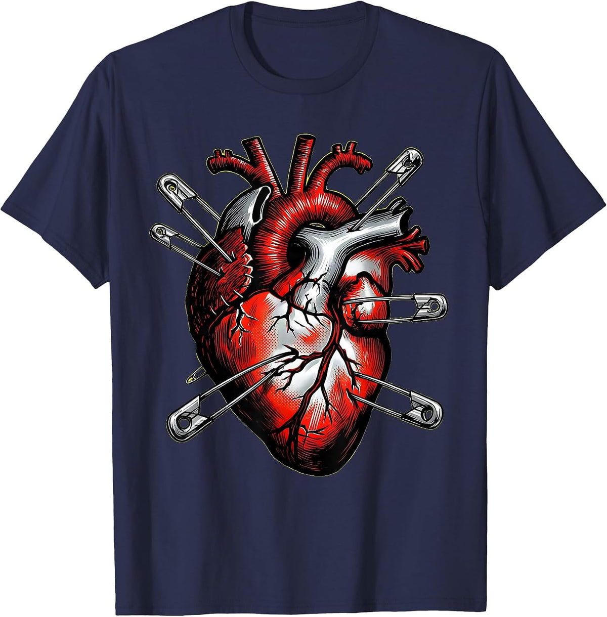 Punk Rock Safety Pin Stitched Heart Graphic T-Shirt - Navy Blue