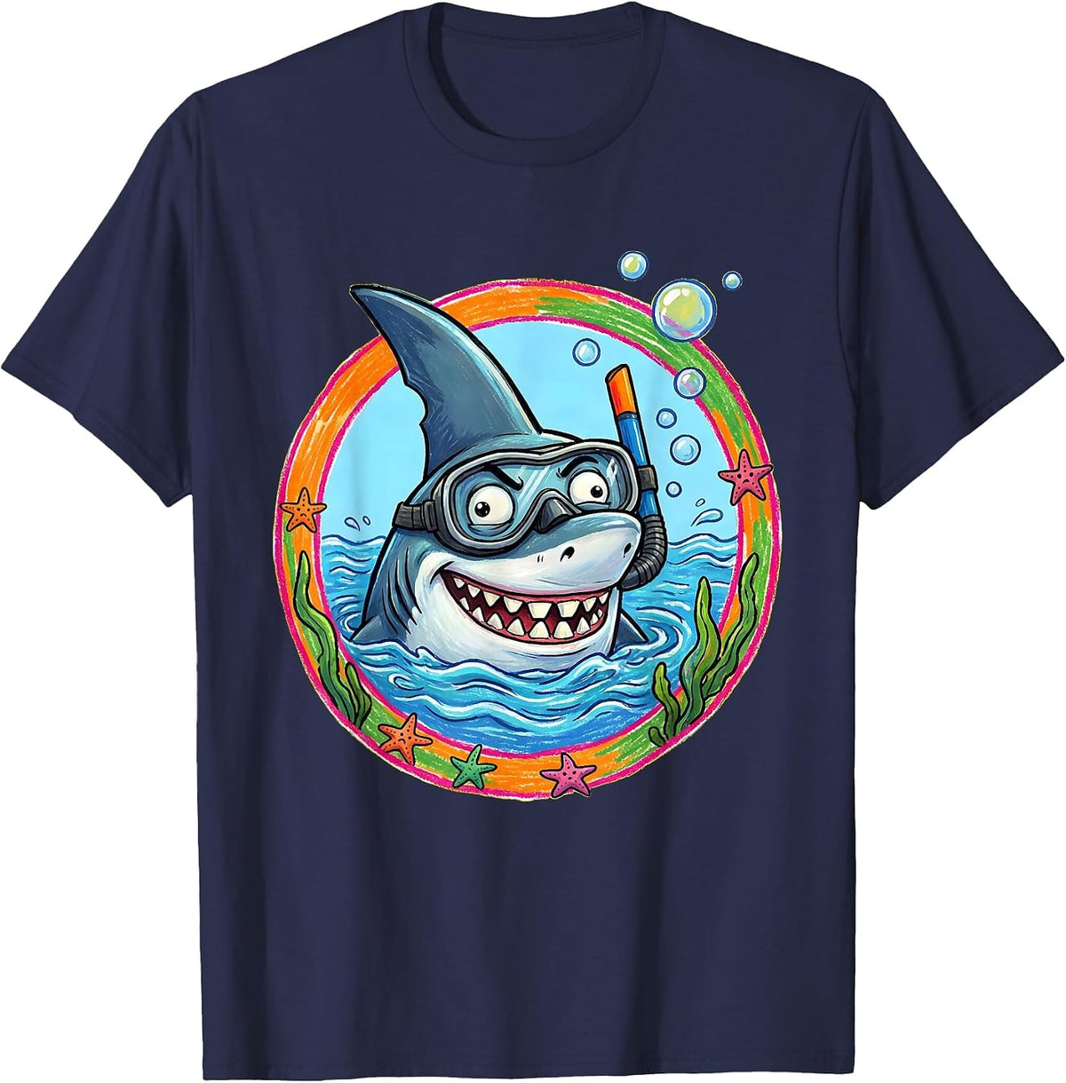 Men's Derpy Shark in Snorkel Underwater Funny Design T-Shirt - Navy Blue