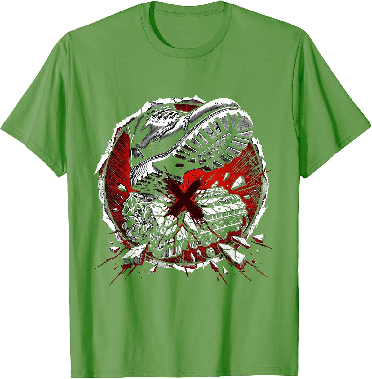 Men's Mechanic Boot Stomping Cracked Engine Block T-Shirt - Grass Green